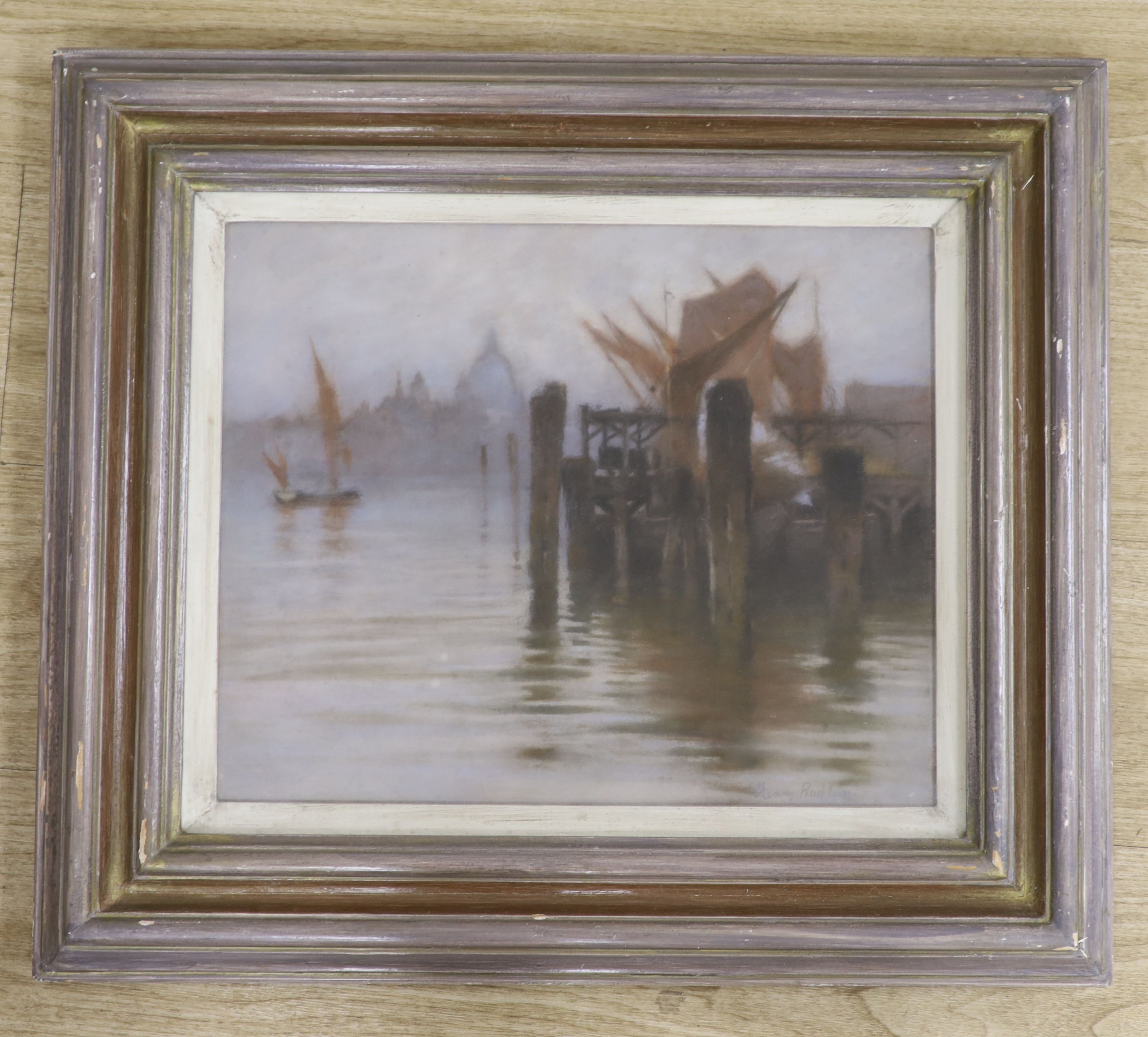 Sir Henry Rushbury (1889-1968), pastel, View from a wharf looking towards St Paul's, bears signature, 34 x 42cm
